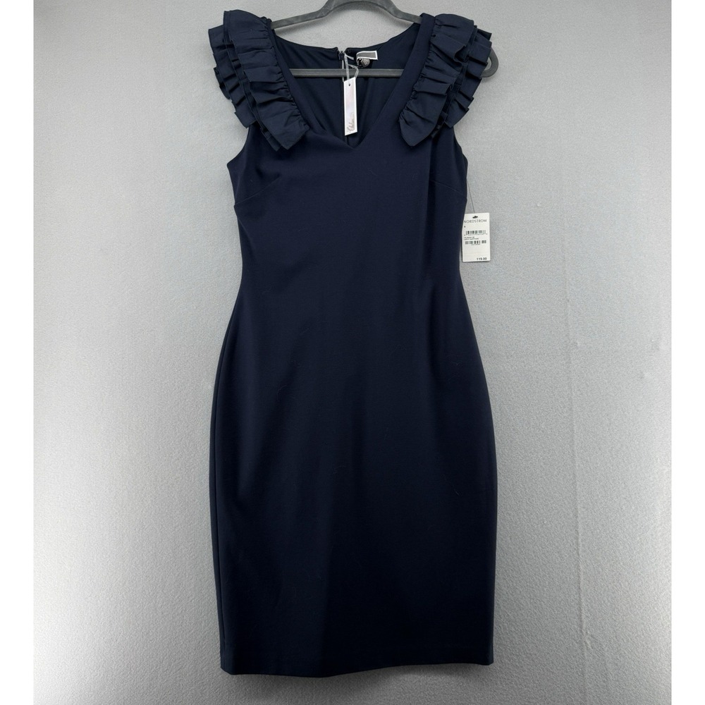 Chelsea 28 Dress Womens 8 Navy Ruffle Shoulder Midi Cocktail Party